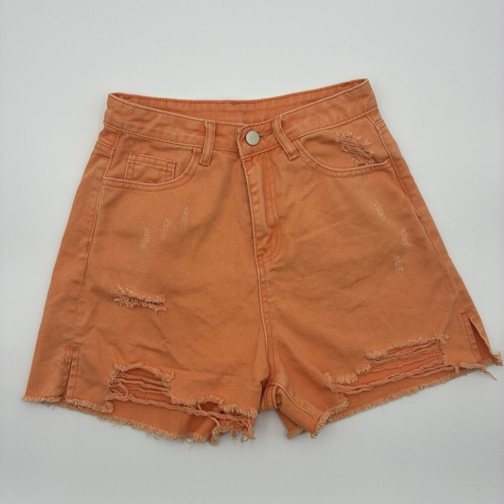 Pink Lily Women’s Orange High Rise Distressed Cut Off Denim Shorts Size 26